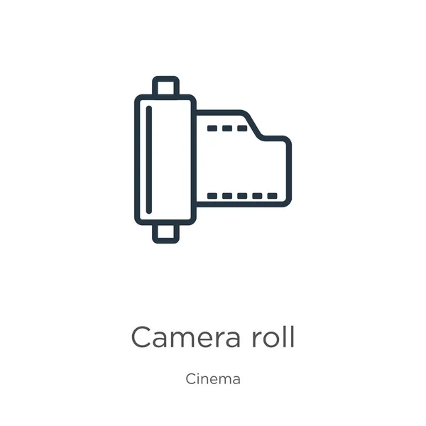 카메라 롤 아이콘. 얇은 선형 카메라 롤 아이콘은 영화 컬렉션으로부터 흰색 배경에 분리되어 있다. 웹 과 모바일의 상징인 선 벡터 카메라 롤 사인 — 스톡 벡터