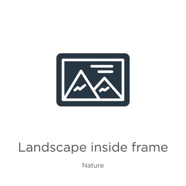 Çerçeve simge vektörünün içindeki manzara. Beyaz arka planda izole edilmiş doğa koleksiyonundan çerçeve ikonu içindeki son moda düz manzara. Vektör illüstrasyonu web ve mobil grafik tasarımı için kullanılabilir,