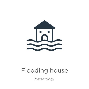 Su baskını evi ikon vektörü. Meteoroloji koleksiyonundaki son moda su baskını ikonu beyaz arka planda izole edilmiş. Vektör illüstrasyonu web ve mobil grafik tasarımı, logo, eps10 için kullanılabilir