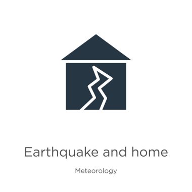Deprem ve ev ikonu vektörü. Son moda düz deprem ve beyaz arka planda izole edilmiş meteoroloji koleksiyonundan ev ikonu. Vektör illüstrasyonu web ve mobil grafik tasarımı, logo için kullanılabilir,