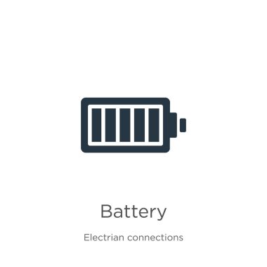 Batarya ikon vektörü. Beyaz arka planda izole edilmiş elektrik bağlantıları koleksiyonundan moda düz pil simgesi. Vektör illüstrasyonu web ve mobil grafik tasarımı, logo, eps10 için kullanılabilir