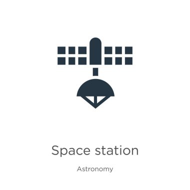 Uzay istasyonu ikon vektörü. Astronomi koleksiyonundan moda düz uzay istasyonu simgesi beyaz arkaplanda izole edildi. Vektör illüstrasyonu web ve mobil grafik tasarımı, logo, eps10 için kullanılabilir