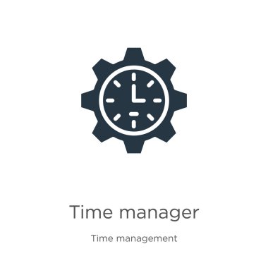 Zaman Yöneticisi simge vektörü. Beyaz arkaplanda, zaman yönetimi koleksiyonundan modaya uygun düz zamanlı yönetici simgesi izole edildi. Vektör illüstrasyonu web ve mobil grafik tasarımı, logo, eps10 için kullanılabilir
