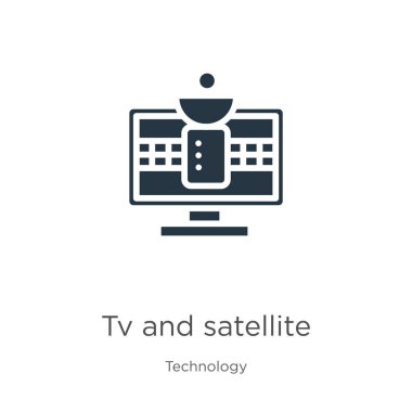 Televizyon ve uydu ikon vektörü. Moda televizyon ve teknoloji koleksiyonundan uydu ikonu beyaz arka planda izole edildi. Vektör illüstrasyonu web ve mobil grafik tasarımı, logo, eps10 için kullanılabilir