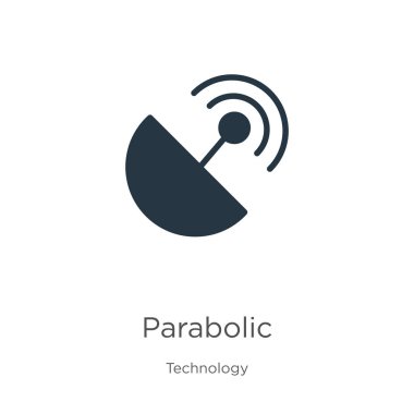 Parabolik ikon vektörü. Beyaz arka planda izole edilmiş teknoloji koleksiyonundan moda düz parabolik ikon. Vektör illüstrasyonu web ve mobil grafik tasarımı, logo, eps10 için kullanılabilir