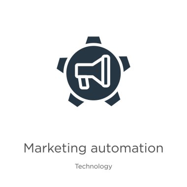 Pazarlama otomasyon ikonu vektörü. Beyaz arka planda izole edilmiş teknoloji koleksiyonundan moda düz pazarlama otomasyon ikonu. Vektör illüstrasyonu web ve mobil grafik tasarımı için kullanılabilir,