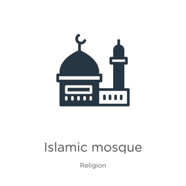 İslami cami simgesi vektörü. Din koleksiyonundan modayı takip eden düz bir cami simgesi beyaz arka planda izole edilmiş. Vektör illüstrasyonu web ve mobil grafik tasarımı, logo, eps10 için kullanılabilir