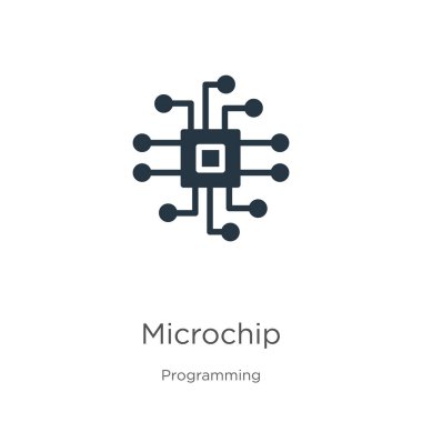 Mikroçip ikon vektörü. Programlama koleksiyonundan modaya uygun düz mikroçip simgesi beyaz arkaplanda izole edildi. Vektör illüstrasyonu web ve mobil grafik tasarımı, logo, eps10 için kullanılabilir