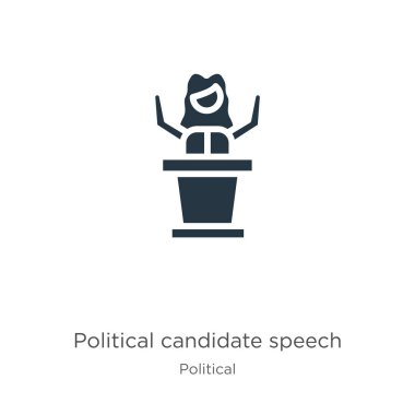 Siyasi aday konuşma ikonu vektörü. Siyasi koleksiyondaki son moda düz politik aday konuşma ikonu beyaz arka planda izole edildi. Vektör illüstrasyonu web ve mobil grafik için kullanılabilir