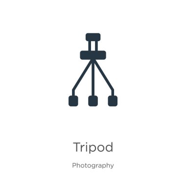 Tripod ikon vektörü. Beyaz arka planda izole edilmiş fotoğraf koleksiyonundan modadan düz üçayak simgesi. Vektör illüstrasyonu web ve mobil grafik tasarımı, logo, eps10 için kullanılabilir