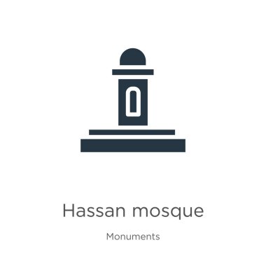 Hasan camii ikon vektörü. Beyaz arka planda izole edilmiş anıtlardaki modadan düz Hassan cami simgesi. Vektör illüstrasyonu web ve mobil grafik tasarımı, logo, eps10 için kullanılabilir