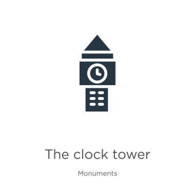 Saat kulesi ikon vektörü. Beyaz arka planda izole edilmiş anıtlardaki saat kulesi simgesi modayı düzleştirdi. Vektör illüstrasyonu web ve mobil grafik tasarımı, logo, eps10 için kullanılabilir