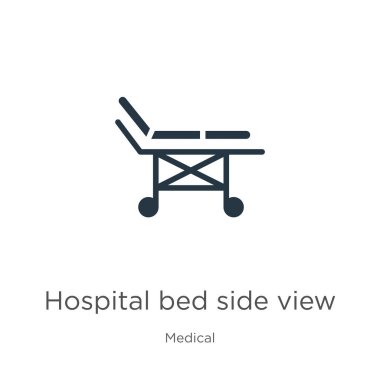 Hastane yatağı yan görünüm ikon vektörü. Beyaz arka planda izole edilmiş tıbbi koleksiyondaki son moda düz hastane yatak yan görünüm ikonu. Vektör illüstrasyonu web ve mobil grafik tasarımı için kullanılabilir,