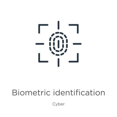 Biyometrik tanımlama ikonu vektörü. Beyaz arka planda izole edilmiş siber koleksiyondaki modadan düz biyometrik tanımlama simgesi. Vektör illüstrasyonu web ve mobil grafik tasarımı için kullanılabilir,