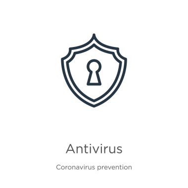 Antivirüs ikonu. Coronavirus Önleme koleksiyonundan izole edilmiş ince doğrusal antivirüs ana hatları simgesi. Modern çizgi vektör işareti, sembol, ağ ve mobil için vuruş