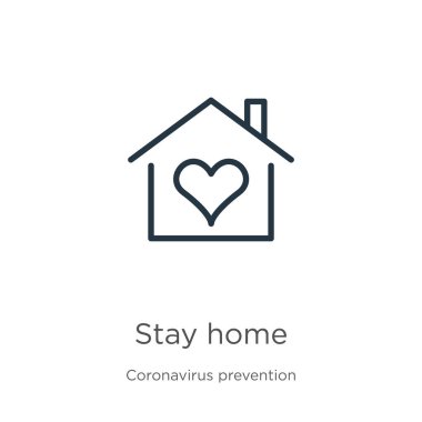 Ev ikonu olarak kal. Coronavirus Önleme koleksiyonundan izole edilmiş ince çizgisel ev çizgisi simgesi. Modern çizgi vektör işareti, sembol, ağ ve mobil için vuruş