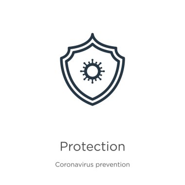 Koruma ikonu. Coronavirus Önleme koleksiyonundan beyaz arkaplanda izole edilmiş ince doğrusal koruma ana hatları simgesi. Modern çizgi vektör işareti, sembol, ağ ve mobil için vuruş