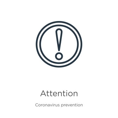 Dikkat ikonu. Coronavirus Önleme Koleksiyonundan beyaz arkaplanda izole edilmiş ince doğrusal dikkat çizgisi simgesi. Modern çizgi vektör işareti, sembol, ağ ve mobil için vuruş