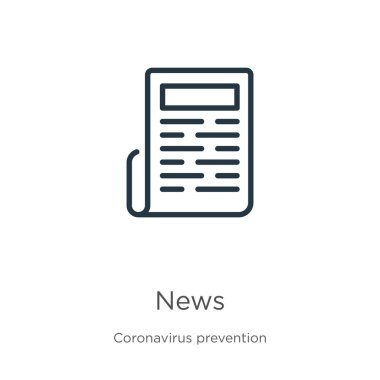 Haber ikonu. Coronavirus Önleme koleksiyonundan izole edilmiş ince doğrusal haber ana hatları simgesi. Modern çizgi vektör işareti, sembol, ağ ve mobil için vuruş