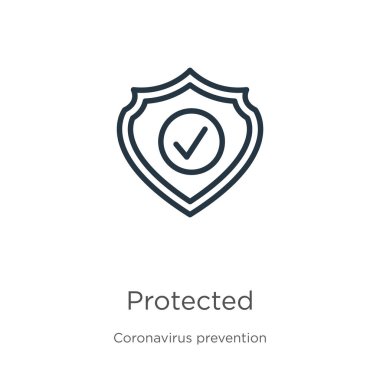 Korunan simge. Coronavirus Önleme koleksiyonundan beyaz zemin üzerinde izole edilmiş ince doğrusal korumalı dış hat simgesi. Modern çizgi vektör işareti, sembol, ağ ve mobil için vuruş