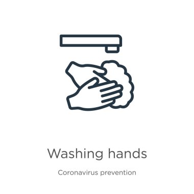 El yıkama ikonu. Coronavirus Önleme koleksiyonundan izole edilmiş ince doğrusal el yıkama ikonu. Modern çizgi vektör işareti, sembol, ağ ve mobil için vuruş
