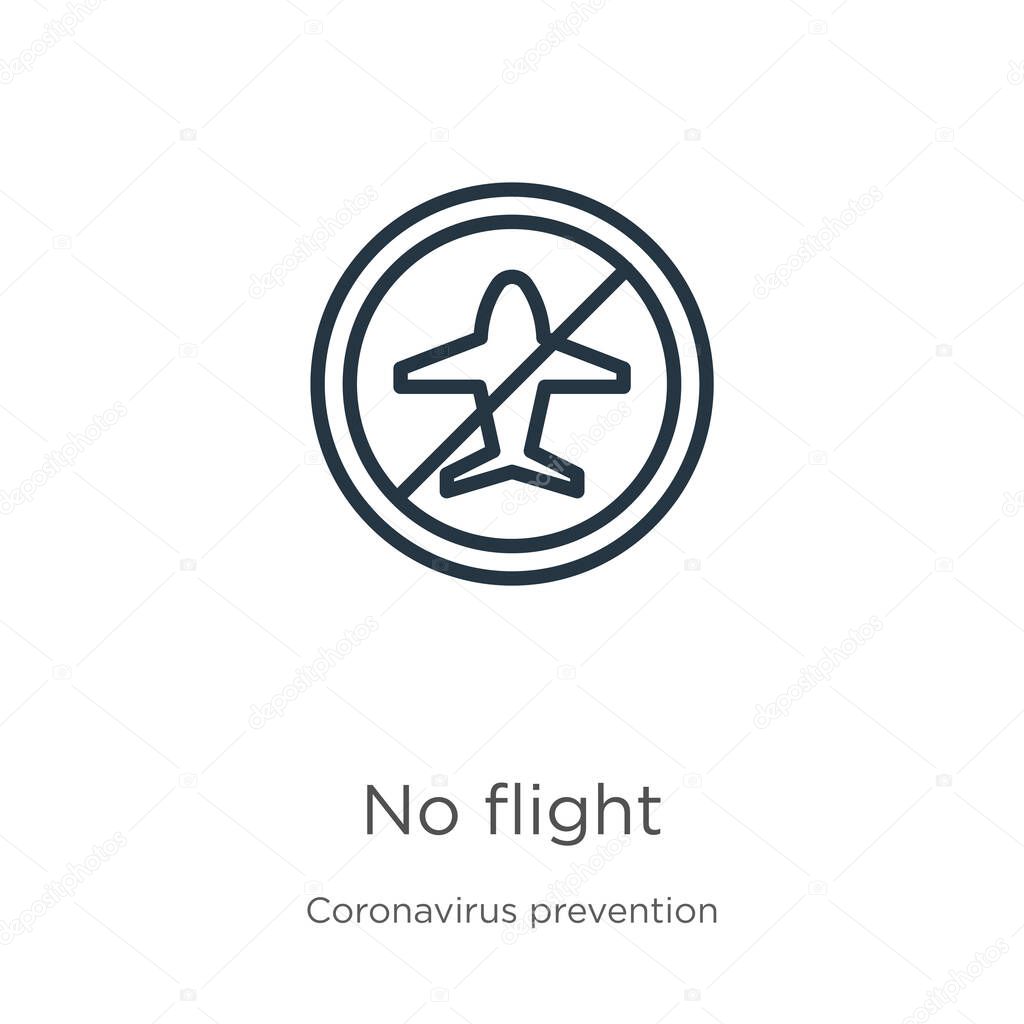 No flight icon. Thin linear no flight outline icon isolated on white background from Coronavirus Prevention collection. Modern line vector sign, symbol, stroke for web and mobile