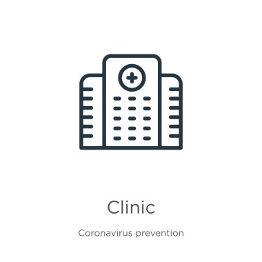 Klinik ikonu. Coronavirus Önleme koleksiyonundan izole edilmiş ince doğrusal klinik taslak ikonu. Modern çizgi vektör işareti, sembol, ağ ve mobil için vuruş
