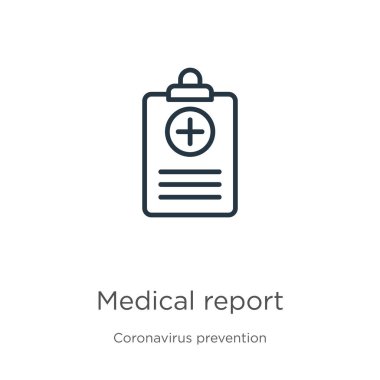 Tıbbi rapor ikonu. Coronavirus Önleme koleksiyonundan izole edilmiş ince doğrusal tıbbi rapor ana hatları simgesi. Modern çizgi vektör işareti, sembol, ağ ve mobil için vuruş