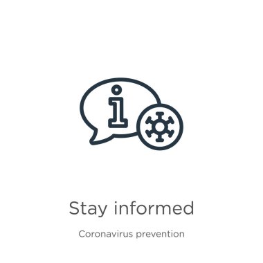 Bilgi ikonu olarak kal. Coronavirus Önleme Koleksiyonundan beyaz arkaplanda izole edilmiş ince çizgisel kalıp bilgilendirme ana hatları simgesi. Modern çizgi vektör işareti, sembol, ağ ve mobil için vuruş