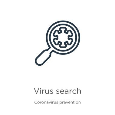 Virüs arama simgesi. Coronavirus Önleme koleksiyonundan izole edilmiş ince doğrusal virüs arama ana hatları simgesi. Modern çizgi vektör işareti, sembol, ağ ve mobil için vuruş