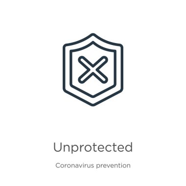 Korunmasız ikon. Coronavirus Önleme koleksiyonundan izole edilmiş ince doğrusal korumasız dış hat simgesi. Modern çizgi vektör işareti, sembol, ağ ve mobil için vuruş