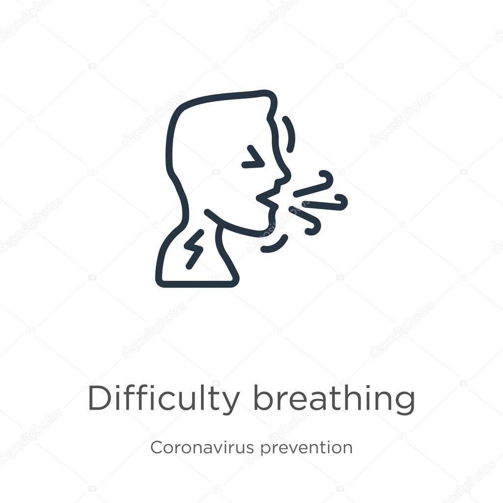 Difficulty breathing icon. Thin linear difficulty breathing outline icon isolated on white background from Coronavirus Prevention collection. Modern line vector sign, symbol, stroke for web and mobile