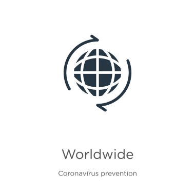 Dünya çapında ikon vektörü. Beyaz arka planda izole edilmiş Coronavirus Önleme koleksiyonundan dünya çapında moda bir ikon. Vektör illüstrasyonu web ve mobil grafik tasarımı, logo, eps10 için kullanılabilir