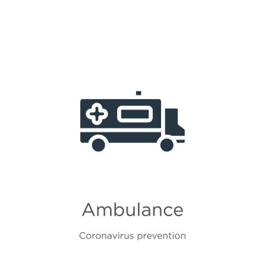 Ambulans simgesi vektörü. Beyaz arka planda Coronavirus Önleme koleksiyonunun modaya uygun düz ambulans ikonu var. Vektör illüstrasyonu web ve mobil grafik tasarımı, logo, eps10 için kullanılabilir