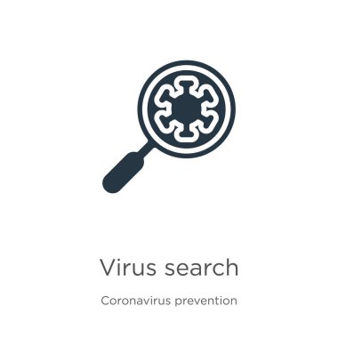 Virüs arama simgesi vektörü. Beyaz zemin üzerinde izole edilmiş Coronavirus Önleme koleksiyonundan moda düz virüs arama ikonu. Vektör illüstrasyonu web ve mobil grafik tasarımı, logo için kullanılabilir,