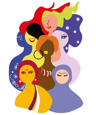 Uluslararası Kadınlar Günü. Kart, poster, broşür ve diğer kullanıcılar için kadın çizimi. Beyaz arka planda farklı uluslardan kadınlar