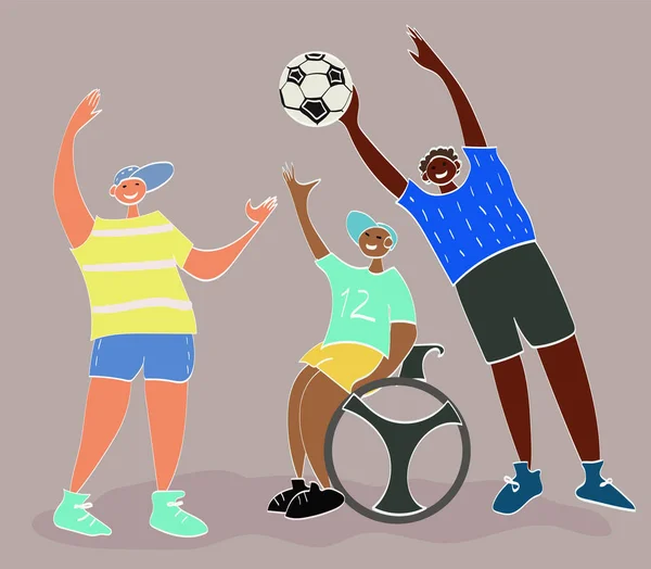 障害のある選手 車椅子の子供 子供の身体障害 スポーツ包摂の概念 ボールを持つ子供たち 幸せな子供時代 平らな子供のベクトル — ストックベクタ