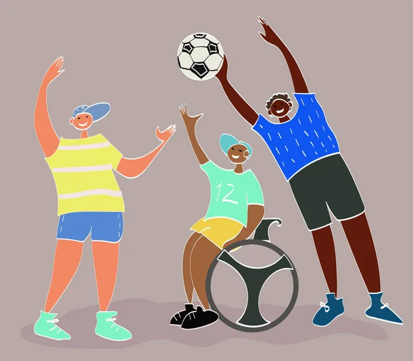 Toplu sakat oyuncular, tekerlekli sandalyedeki çocuk. Çocuğun fiziksel rahatsızlığı. Spor dahil konsepti. Top oynayan çocuk oyuncular. Mutlu bir çocukluk. Düz çocuk vektörü.