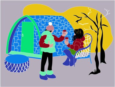 Lüks bir kampın yakınında, doğada dinlenen bir adamın göz kamaştırıcı çizimi. Glamping 'de bir adam fotoğraf çeker. Beyaz arkaplanda izole edilmiş.