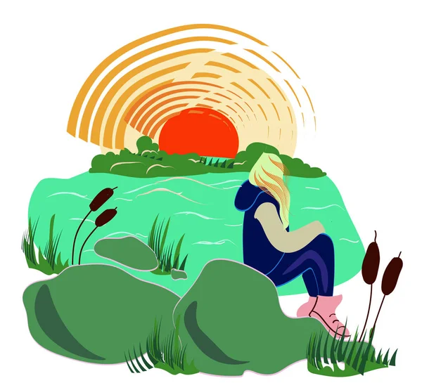 Сезонна Рекреаційна Ілюстрація Дівчина Сидить Біля Озера Спостерігає Заходом Сонця — стоковий вектор