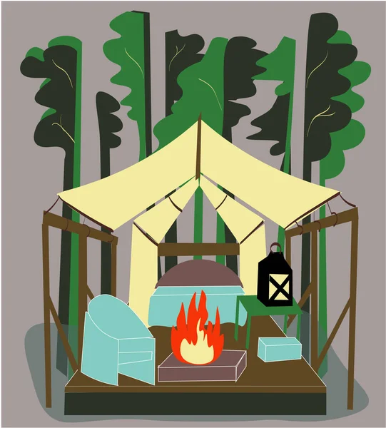 Tente Glamping Dans Forêt Feu Dans Tente Vacances Modernes Dans — Image vectorielle