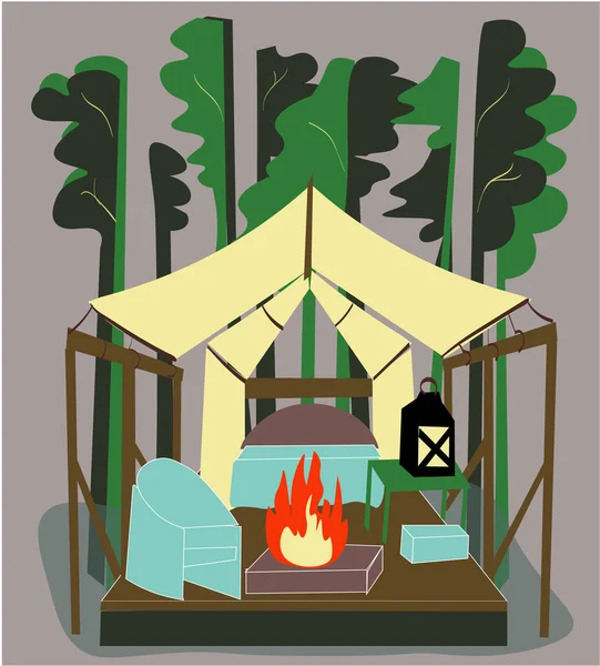 Ormanda glamping çadırı. Çadırda yangın var. Ormanda modern tatil. Glamping rahat bir tatildir.