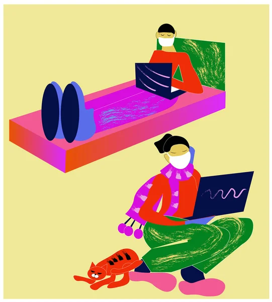 격리의 가족들은 격리되어 앉아서 노트북으로 일하고 있습니다 코로나 바이러스의 — 스톡 벡터