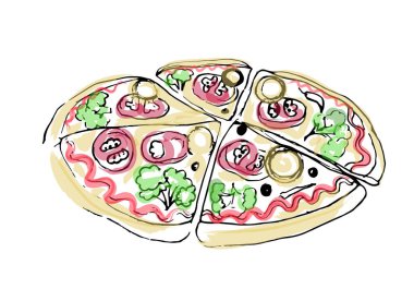 Vegan yiyeceklerin vektör çizimi. Doğru yemeği ye. Beyaz bir arka planda izole edilmiş. Vejetaryen pizza.