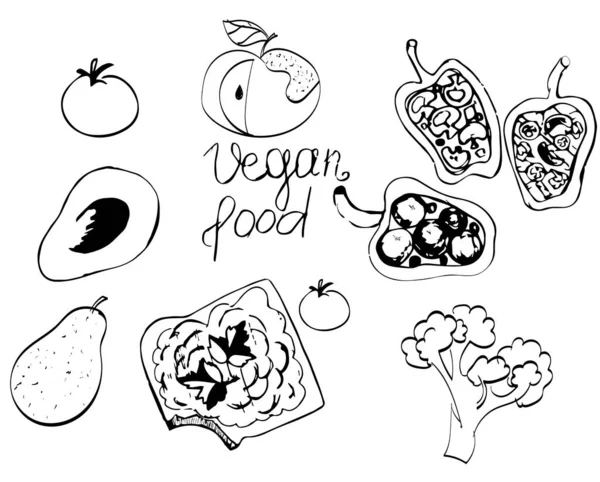 Vegan yiyeceklerin vektör çizimi. Doğru yemeği ye. Beyaz bir arka planda izole edilmiş. Vegan tost ve sebzeler.