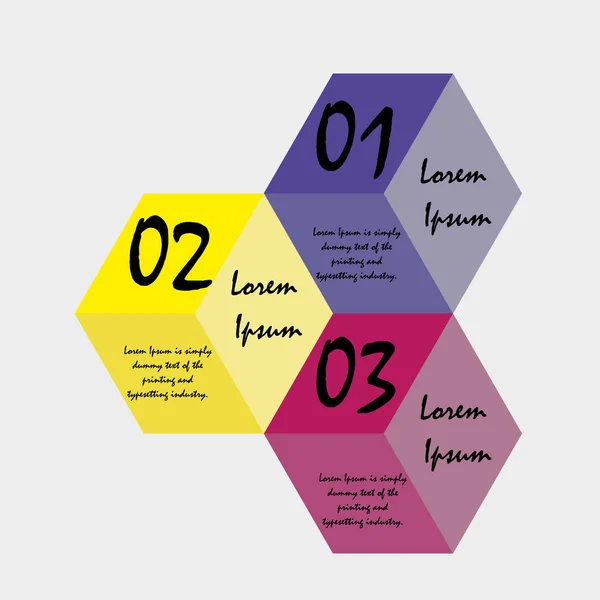  Infographic / şekil bir Infographic zar üç nokta üzerinde gösterir. Sarı, mavi ve pembe renklerde metinle Infographics.
