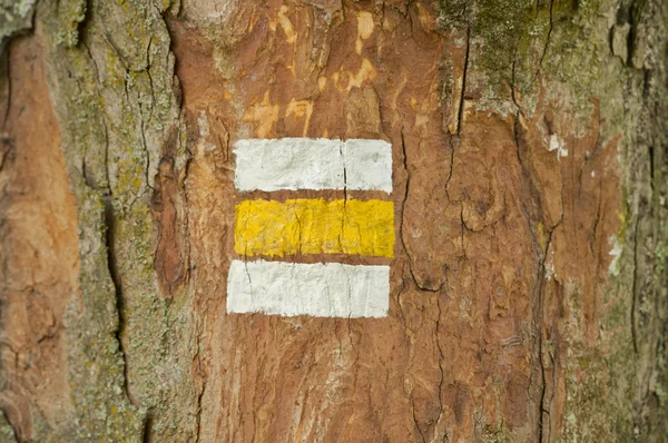 Sinal turístico amarelo na árvore — Fotografia de Stock