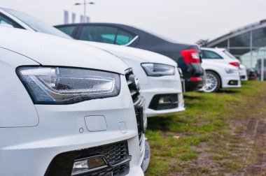 Audi araba satıcısı Audi önünde park etmiş.