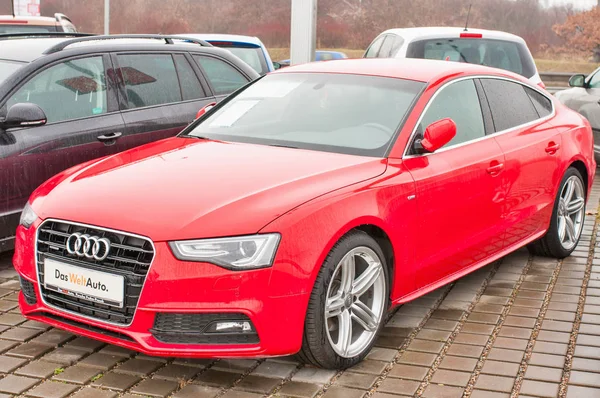 Closeup of new red car Audi A5 TDI quattro — Stock Photo, Image