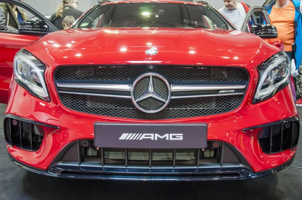 Closeup of red brand new Mercedes Benz — Stock Photo, Image